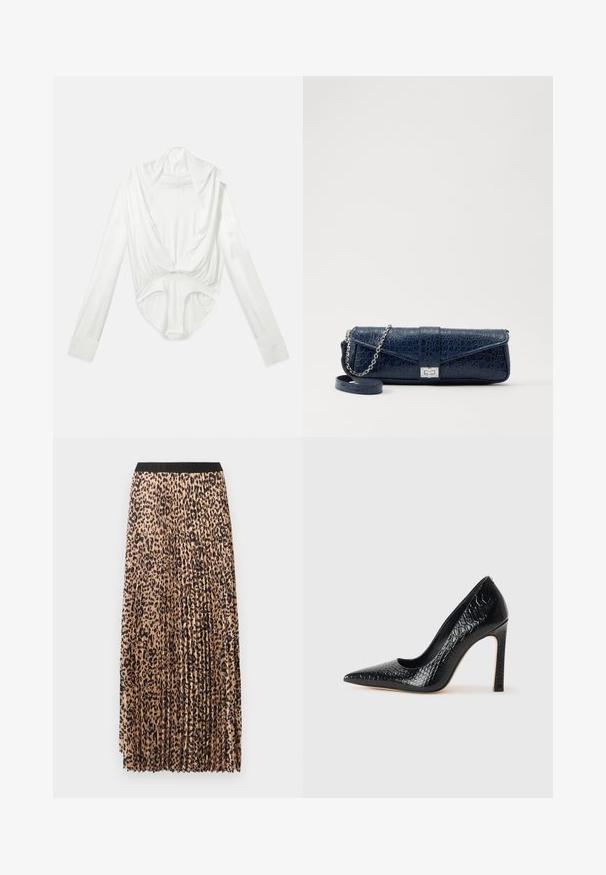 Biely body so longými rukávmi, hlbokým výstrihom a patentným zapínaním v rozkroku, zobrazené na jednoduchej bielej pozadí.; Fľakatá maxi sukňa v béžovej farbe s čiernym leopardím vzorom, so širokým čiernym elastickým pásom a ľahkým textúrovaným materiálom.; Čierna lodička s špicatou špičkou a lakovanou textúrou krokodíla, s elegantným dizajnom, vysokým stiletto podpätkom a hladkým čiernym interiérom.; Tmavomodrá kožená kapsička s krokodílovou textúrou, strieborný reťazový popruh a kovová spona. Obdĺžnikový tvar so sklápacím dizajnom.