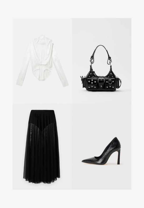 Balts gara garām piedurknēm bodijs ar dziļu izgriezumu un pogu aizdari ikras vietā, izlikts uz vienkārša balta fona.; Melnā svārku, kurai ir pieguļošs jostasvieta, ar slāņveida krokota caurspīdīga auduma un teksturētu dizainu. Garums sasniedz vidus teļa līmeni, ar gludu apdari.; Melni augstpapēžu apavi ar norādītu purngalu, ar krokodila ādas tekstūru, izceļoties ar elegantu dizainu, augstu stiletto papēdi un gludu melnu interjeru.; Melnas ādas rokturmais ar izliekumu, ar sudraba iedurtiem, sprādzi un divām sānu kabatām. Regulējams siksniņas garums dažādām nēsāšanas iespējām.