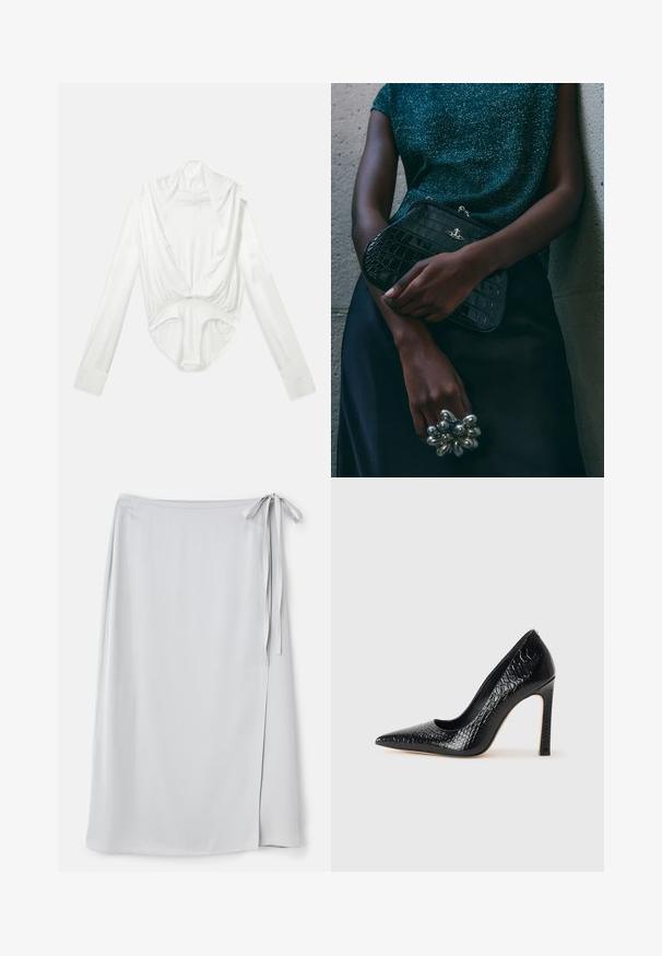 Biely body so longými rukávmi, hlbokým výstrihom a patentným zapínaním v rozkroku, zobrazené na jednoduchej bielej pozadí.; Svetlošedá obalová sukňa s hladkou textúrou, bočným viazaním a jemným rozparkom na ľavej strane. Jednoduchý dizajn bez vzorov alebo akcentov.; Čierna lodička s špicatou špičkou a lakovanou textúrou krokodíla, s elegantným dizajnom, vysokým stiletto podpätkom a hladkým čiernym interiérom.; Čierna clutch kabelka s krokodílovým vzorom a striebornými kovovými prvkami, držaná proti textúrovanému sivému pozadiu. Má lesklý povrch.