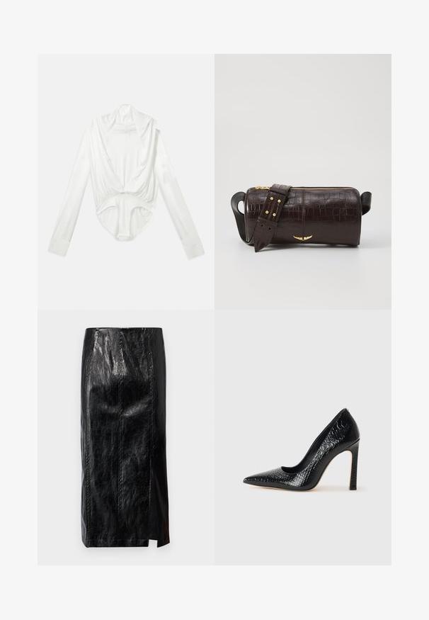 Valge pika varrukaga bodysuit sügava kaelusega ja klõpsuga kroonis, esitatud lihtsal valgel taustal.; Mustast nahast pliiatsiseelik, millel on keskmise pikkusega disain, läikiv tekstuur, vertikaalsed õmblused ja ühe külje lõhik, mis tagab liikumise mugavuse.; Mustan teravaotsaga kõrge kontsaga king, millel on krokodillimustriga tekstuur, stiilne disain, kõrge stilettokonts ja sile must sisesisustus.; Pruunist krokodillimustrist nahast kott, millel on silindri kuju, kuldse tooni metalldetailid ja eemaldatav rihm, kus on nupud.