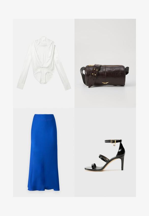 Bílý body s dlouhými rukávy a hlubokým volným výstřihem, zakončený patentkami na rozkroku, vystavený na jednotvárném bílém pozadí.; Modrá saténová sukně s rozšířeným designem, která má hladkou texturu a pohodlný pas. Spodní okraj sahá těsně pod kolena.; Černé lakované kožené sandály se třemi pásky, sponou na kotníku a 10 cm jehlovým podpatkem. Obsahují zlaté kovové detaily a logo přívěsek.; Hnědá kabelka z krokodýlí kůže s embosováním, cylindrického tvaru, se zlacenými kovovými prvky a odnímatelným popruhem se hroty.