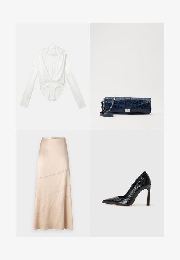 Valkoinen pitkähiha bodysuit, jossa on syvä laskostettu kaulus ja napitus haarassa, esitelty yksinkertaisella valkoisella taustalla.; Keskikahvan satiini midi-hame, jossa on virtaava siluetti, vinosti ommeltuja yksityiskohtia ja sileä, hienostuneesti hohtava pinta.; Musta kapea nilkkakorkokenkä krokotiilin nahkakuviolla, joka on varustettu tyylikkäällä muotoilulla, korkealla stiletto-korkealla ja sileällä mustalla sisäosalla.; Navy sininen nahkakukkarokotelo, jossa on krokotiilinumero, hopeaketjuolkapanta ja metallilukko. Suorakulmainen muoto taitettavalla designilla.