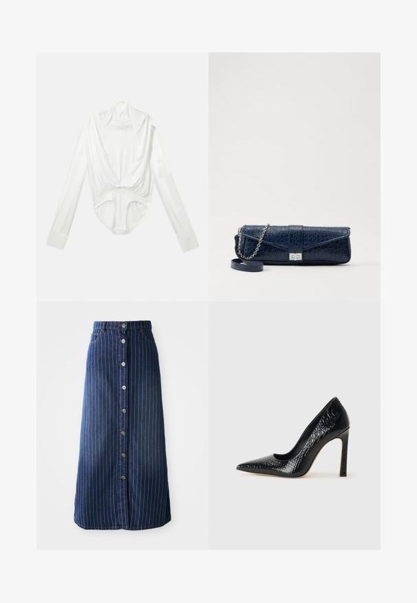 Fehér, hosszú ujjú body mély, csónaknyakú nyakkal és patentos záródással az ágyék résznél, sima fehér háttéren bemutatva.; Sötét farmer maxi szoknya függőleges fehér csíkokkal, elöl gombos záródással és enyhe harangal az alján. Öt gombbal és eltérő varrással rendelkezik.; Fekete hegyes orrú magassarkú cipő krokodilbőr textúrával, letisztult dizájnnal, magas tűsarkú és sima fekete belső résszel.; Sötétkék bőr retikül krokodilbőr textúrával, ezüst lánc pánttal és fém csattal. Téglalap alakú, felhajtható kialakítással.