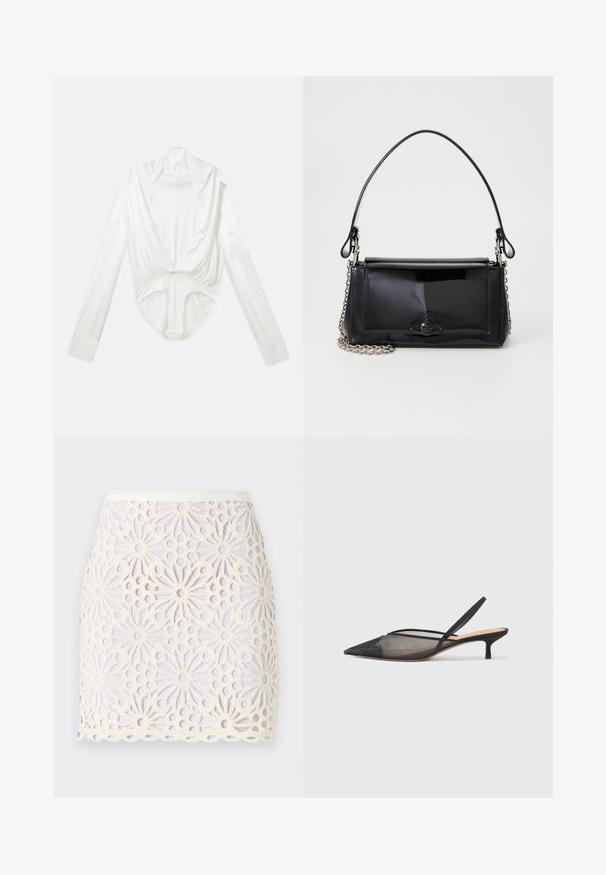 Biely body so longými rukávmi, hlbokým výstrihom a patentným zapínaním v rozkroku, zobrazené na jednoduchej bielej pozadí.; Biela čipkovaná mini sukňa s kvetinovými vzormi a výrezmi. Lem je vlnkovaný a pás je hladký so slabým leskom.; NEOUS IRENA - Klasické lodičky na opätku - black; Čierna laková kožená kabelka s obdĺžnikovým tvarom, reťazovým popruhom a výrazným hardvérovým prvkom v strede. Hladká textúra.