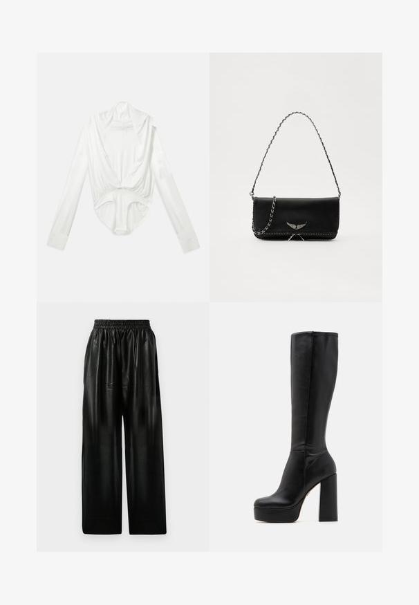 Balta ilgųjų rankovių bodysuit su giliu kaklo iškirpimu ir spaudimo uždarymu kirkšnyje, pateikta ant paprasto balto fono.; Juodos odinės plačios kelnės su elastinga juosmeniu, turinčios dvi šonines kišenes ir lygią, blizgią tekstūrą.; Juodos aukštos kulkšninių botai, pagaminti iš lygaus odos su tekstūriniais akcentais, su aukštomis blokuotomis kulnais ir apvaliu piršto dizainu.; Juodas odinis delninukas su sidabro spalvos grandinele, papuoštas dekoratyviniais sparnų akcentais ir balta siūle apačioje.