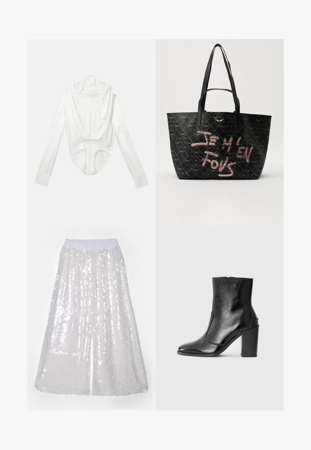 Balta ilgųjų rankovių bodysuit su giliu kaklo iškirpimu ir spaudimo uždarymu kirkšnyje, pateikta ant paprasto balto fono.; Norma Kamali BOYFRIEND ELEPHANT - Kelnės - clear/white; Juodas odinis kulkšninis batas su lygiu paviršiumi, smailiu pirštu ir masyviu aukštu kulnu. Savybė - šoninis atidarymas ir minimalistiškas dizainas.; Juodas tote krepšys su tekstūruotu paviršiumi, turintis deimanto raštą, petines diržes ir ryškiai raudonai baltą tekstą „JE M'EN FOUS.“