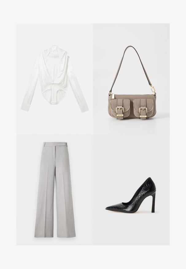 Weißer langärmeliger Body mit tiefem Wasserfallausschnitt und Druckknopfverschluss im Schritt, präsentiert auf einem schlichten weißen Hintergrund.; Helle graue weit geschnittene Hose aus einem glatten Material, mit einem taillierten Bund und einer vorderen Bügelfalte für einen eleganten Look.; Schwarzer, spitz zulaufender High Heel mit Krokodilleder-Struktur, elegantem Design, hohem Stiletto-Absatz und glattem schwarzen Innenraum.; Beige strukturiertes Handtäschchen mit verstellbarem Tragegurt, zwei vorderen Taschen, die mit Schnallen gesichert sind, und goldenen Metallakzenten. Reißverschlussöffnung oben.