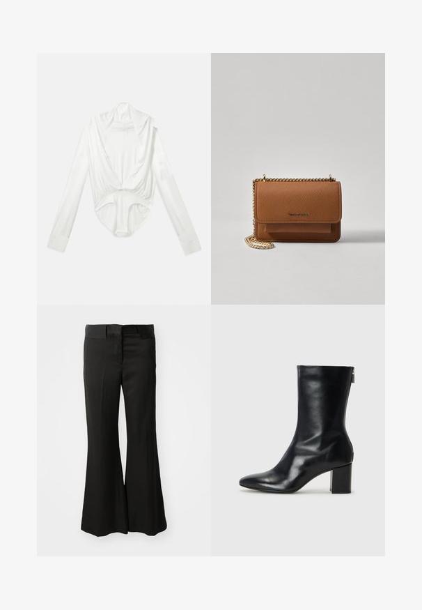 Balta ilgųjų rankovių bodysuit su giliu kaklo iškirpimu ir spaudimo uždarymu kirkšnyje, pateikta ant paprasto balto fono.; Juodi platūs kelnių kelnių pagaminti iš lygaus medžiagos, turintys pusiau pakeltą juosmenį ir švarų, pritaikytą dizainą be matomų papuošimų.; Juodų odinių kulkšninių botų su smailiu nosiu ir 4 cm pločio bloku. Išskirtinis dizainas pasižymi šoniniu užtrauktuku, leidžiančiu lengvai apsiauti. Lygi tekstūra.; Ruda tekstūruota odinė per petį nešama rankinė su auksiniu grandininiu dirželiu ir užlenkiamo užsegimo. Priekinėje pusėje yra logotipo detalė ir kišenė po užlenkimu.