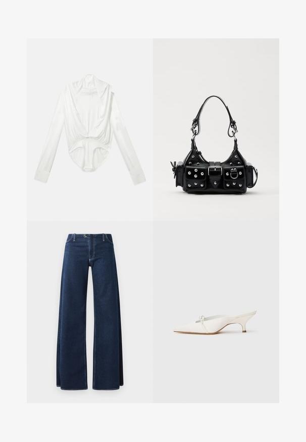 Bodysuit blanco de manga larga con escote profundo y cierre a presión en la entrepierna, mostrado sobre un fondo blanco liso.; Jeans de pierna ancha en azul oscuro con costuras visibles, bolsillos delanteros y cierre de botón. Hechos de una tela de denim resistente.; Zapato blanco de tacón bajo con punta afilada y tira trasera, que presenta un adorno decorativo de perlas en la parte delantera y un acabado de satén suave.; Bolso de mano de cuero negro con un diseño curvado, que cuenta con tachuelas plateadas, una hebilla y dos bolsillos laterales. Correa ajustable para opciones de transporte.