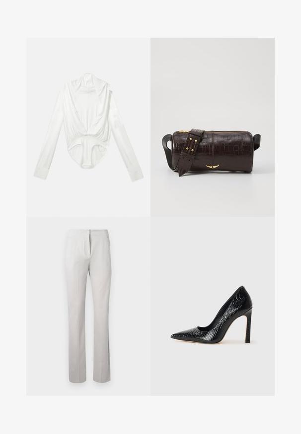 White long-sleeve bodysuit with deep cowl neck and snap closure at the crotch, displayed on a plain white background.; Light gray, tailored pants with a smooth texture, straight-leg cut, and a mid-rise waistband. Features front zip and side pockets.; Black pointed-toe high heel shoe with a crocodile-skin texture, featuring a sleek design, high stiletto heel, and smooth black interior.; Brown crocodile-embossed leather bag with a cylindrical shape, gold-tone hardware, and a detachable strap featuring studs.
