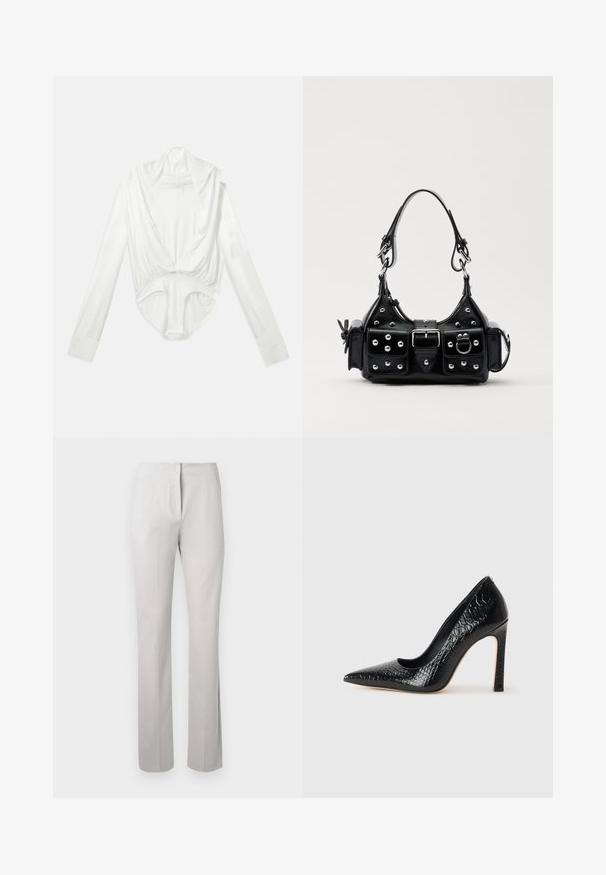 White long-sleeve bodysuit with deep cowl neck and snap closure at the crotch, displayed on a plain white background.; Light gray, tailored pants with a smooth texture, straight-leg cut, and a mid-rise waistband. Features front zip and side pockets.; Black pointed-toe high heel shoe with a crocodile-skin texture, featuring a sleek design, high stiletto heel, and smooth black interior.; Black leather handbag with a curved design, featuring silver studs, a buckle, and two side pockets. Adjustable strap for carrying options.