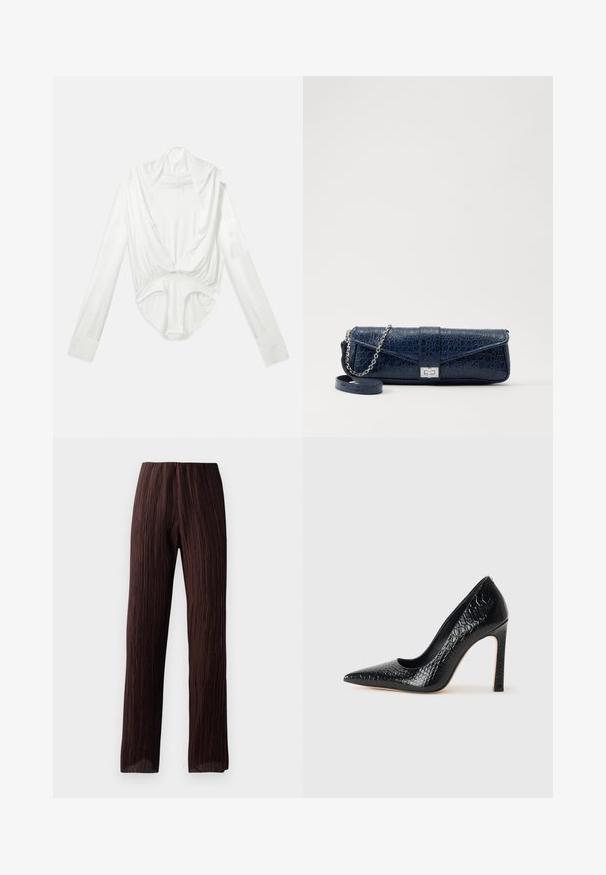 Bílý body s dlouhými rukávy a hlubokým volným výstřihem, zakončený patentkami na rozkroku, vystavený na jednotvárném bílém pozadí.; Hnědé široké kalhoty s pořízeným textilním vzorem, vysokým pasem a volným střihem. Vyrobeno z lehkého materiálu. Bez viditelných uzávěrů.; Černý lodičkový bot s špičatou špičkou, pokrytý texturou krokodýlí kůže, s elegantním designem, vysokým stiletto podpatkem a hladkým černým interiérem.; Námořnická modrá kožená kabelka s krokodýlí texturou, stříbrným řetízkovým popruhem a kovovým zapínáním. Obdélníkový tvar s překlápěcím designem.