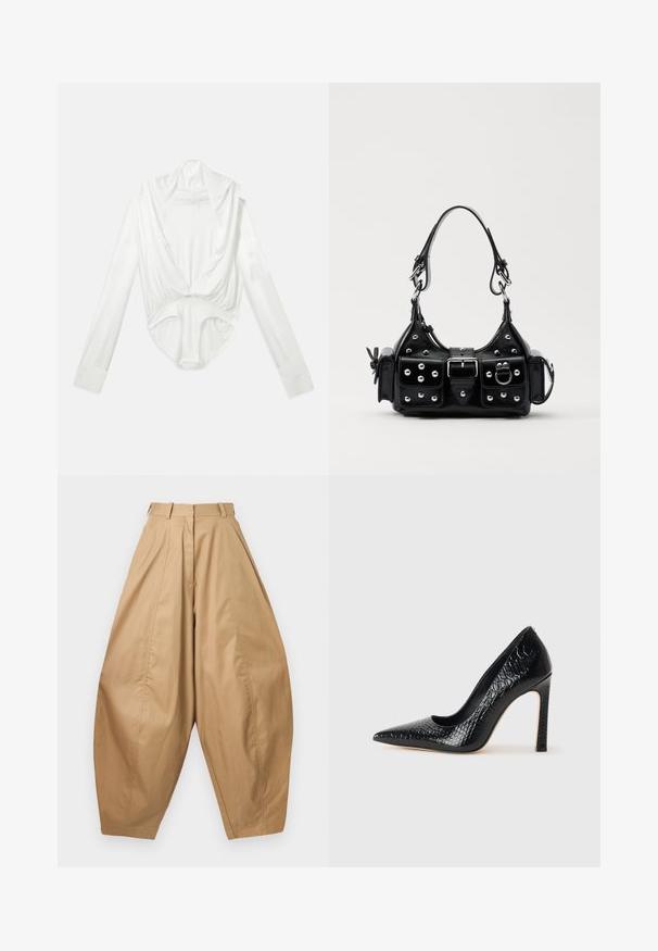 Hvid langærmet bodysuit med dyb cowl halsudskæring og trykknaplukning ved skridtet, vist på en plain hvid baggrund.; Højtaljede, brede beige bukser med plisseringer, bæltestropper og affasede ben, vist mod en hvid baggrund.; Sorte spidse tå stiletto-sko i krokodilleskind med et strømlinet design, høj hæl og glat sort inderside.; Sort læderhåndtaske med et buet design, prydet med sølvfarvede nitter, en spænde og to sidelommer. Justerbar rem til forskellige bære muligheder.