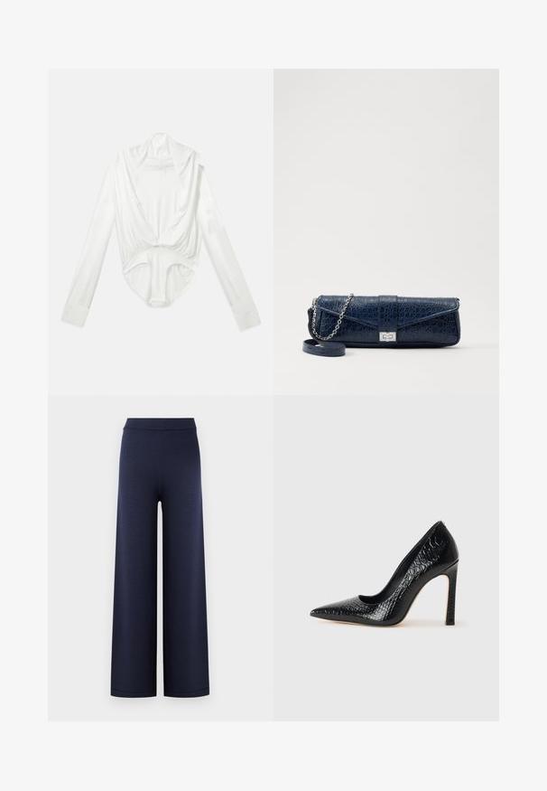 Biely body so longými rukávmi, hlbokým výstrihom a patentným zapínaním v rozkroku, zobrazené na jednoduchej bielej pozadí.; Modré široké nohavice vyrobené z texturovanej pleteniny, s hladkým elastickým pásom a bez viditeľných zapínaní.; Čierna lodička s špicatou špičkou a lakovanou textúrou krokodíla, s elegantným dizajnom, vysokým stiletto podpätkom a hladkým čiernym interiérom.; Tmavomodrá kožená kapsička s krokodílovou textúrou, strieborný reťazový popruh a kovová spona. Obdĺžnikový tvar so sklápacím dizajnom.