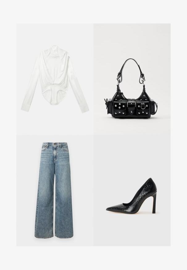 Witte lange mouwen bodysuit met diepe klokkende hals en drukknoopsluiting bij het kruis, weergegeven op een effen witte achtergrond.; Lichtblauwe wijde jeans van denim, met een hoge taille, vervaagde textuur, vijfzakkenontwerp en contrasterende stiksels.; Zwarte puntige hoge hak schoen met een krokodillenleren textuur, met een slank ontwerp, hoge stiletto-hak, en een gladde zwarte binnenkant.; Zwarte lederen handtas met een gebogen ontwerp, voorzien van zilveren studs, een gesp en twee zijvakken. Verstelbare schouderband voor verschillende draagmogelijkheden.