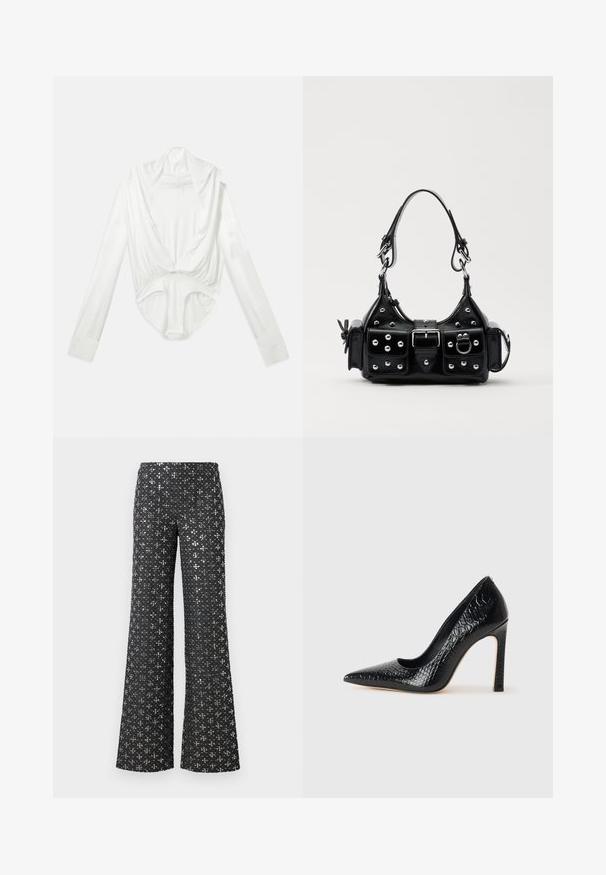 Fehér, hosszú ujjú body mély, csónaknyakú nyakkal és patentos záródással az ágyék résznél, sima fehér háttéren bemutatva.; Fekete, széles lábú nadrág, amely flitteres textúrával és ezüst kiegészítőkkel rendelkezik, így mintás megjelenést kölcsönöz az egész szövetnek.; Fekete hegyes orrú magassarkú cipő krokodilbőr textúrával, letisztult dizájnnal, magas tűsarkú és sima fekete belső résszel.; Fekete bőr kézitáska ívelt designnal, ezüst szegecsekkel, csattal és két oldalsó zsebbel. Állítható vállpánt a hordozási lehetőségekhez.