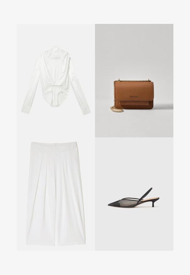 Balts gara garām piedurknēm bodijs ar dziļu izgriezumu un pogu aizdari ikras vietā, izlikts uz vienkārša balta fona.; Baltas pleitots bikses ar platām elastīgām jostām. Gluda tekstūra un potīšu garuma dizains uzlabo komfortu un kustību brīvību.; NEOUS IRENA - Klasiski papēži - black; Brūna teksturēta ādas plecu soma ar zelta ķēdes siksnu un atloka aizdari. Priekšpusē ir logotipa detaļa un kabata zem atloka.