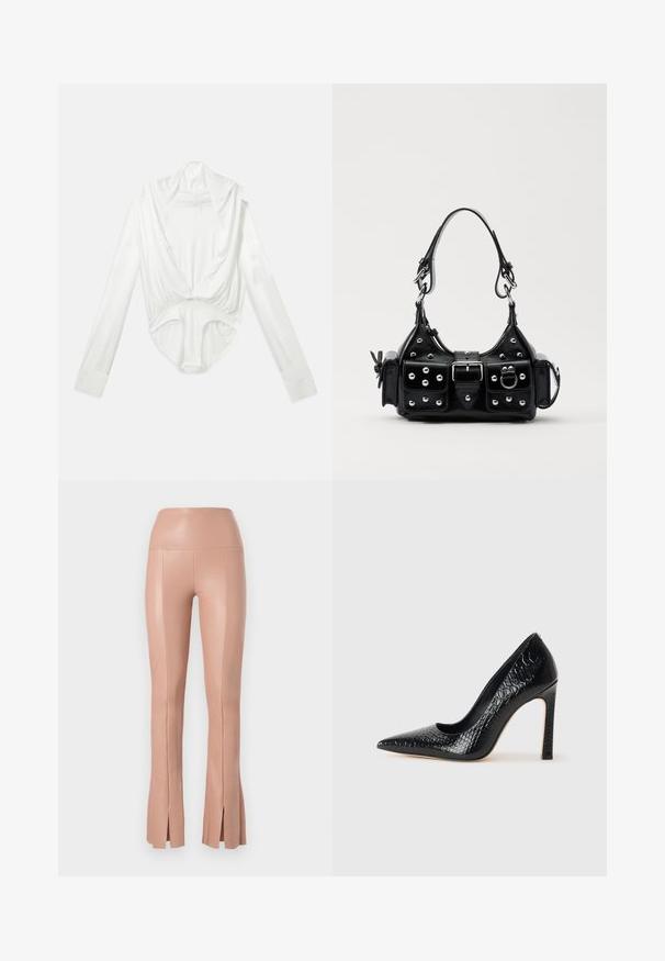 Fehér, hosszú ujjú body mély, csónaknyakú nyakkal és patentos záródással az ágyék résznél, sima fehér háttéren bemutatva.; Feszes, magas derekú, rózsaszínű nadrág sima, rugalmas anyagból, oldalsó hasítékokkal az alján. Varrott részletek jelen vannak.; Fekete hegyes orrú magassarkú cipő krokodilbőr textúrával, letisztult dizájnnal, magas tűsarkú és sima fekete belső résszel.; Fekete bőr kézitáska ívelt designnal, ezüst szegecsekkel, csattal és két oldalsó zsebbel. Állítható vállpánt a hordozási lehetőségekhez.