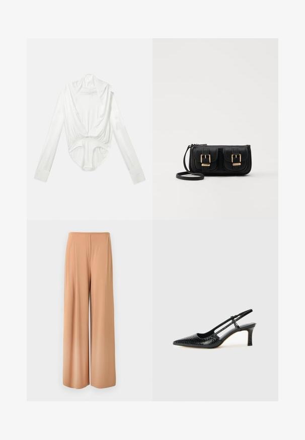 Fehér, hosszú ujjú body mély, csónaknyakú nyakkal és patentos záródással az ágyék résznél, sima fehér háttéren bemutatva.; Bézs színű, bő szárú nadrág, sima, könnyű anyagból készült, magas derékkal és finom elülső redőkkel a részletesség érdekében.; Fekete lakk slingback sarok, hegyes orral, texturált kígyómintával, állítható pánttal és rövid, texturált tömbsarkal.; Fekete bőr keresztbody táska két elülső zsebbel, arany csattokkal, cipzáras záródással és vékony pánttal. Textúrált felület és kompakt téglalap alak.