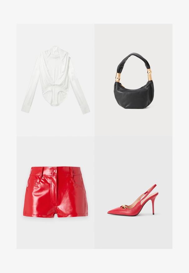 Bílý body s dlouhými rukávy a hlubokým volným výstřihem, zakončený patentkami na rozkroku, vystavený na jednotvárném bílém pozadí.; Červené šortky z umělé kůže s lesklým povrchem, s vysokým pasem, předními kapsami a švy. Strukturovaný, přiléhavý design.; Červené kožené lodičky na platformě s špičatou špičkou, zlatými detaily a lesklým povrchem. Mají výřezové strany a jehlový podpatek.; Černá kožená kabelka s kulatým tvarem, měkkou texturou a uzlovou rukojetí se zlatými kovovými detaily. Zapínání na zip.