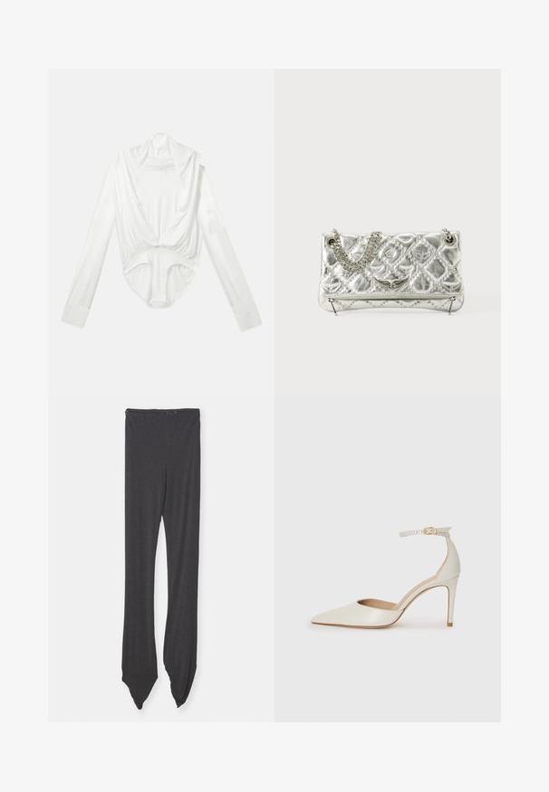 Bodysuit branco de mangas longas com decote profundo e fecho de mola na zona da virilha, apresentado sobre um fundo branco liso.; Leggings cinza escuro feitos de tecido suave, com uma cintura larga e extremidades estreitas que são pontiagudas. O design é liso, sem padrões.; Sapato de salto alto em pele branca com biqueira pontiaguda, faixa no tornozelo e um salto fino de stiletto. Textura suave com um leve acabamento brilhante.; Bolsa metálica prateada com pega de corrente, textura acolchoada, costura decorativa e fecho com ziper. Apresenta detalhes em relevo na parte frontal.