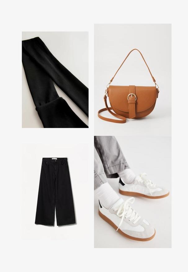 Černé legíny vyrobené z hladkého elastického materiálu se přiléhavým střihem. Mají bezešvý pas a žádné viditelné vzory nebo kovové prvky.; Bershka WIDE-LEG - Wide leg - black; Bílé a šedé atletické boty vyrobené z semišových a kožených materiálů. Mají gumovou podrážku a zavazovací design, doplněný o tmavý detail na patě.; Hnědá kožená křížová taška s zakřiveným tvarem, zlatými detaily a akcentem s přezkou. Obsahuje odnímatelný popruh na rameno.