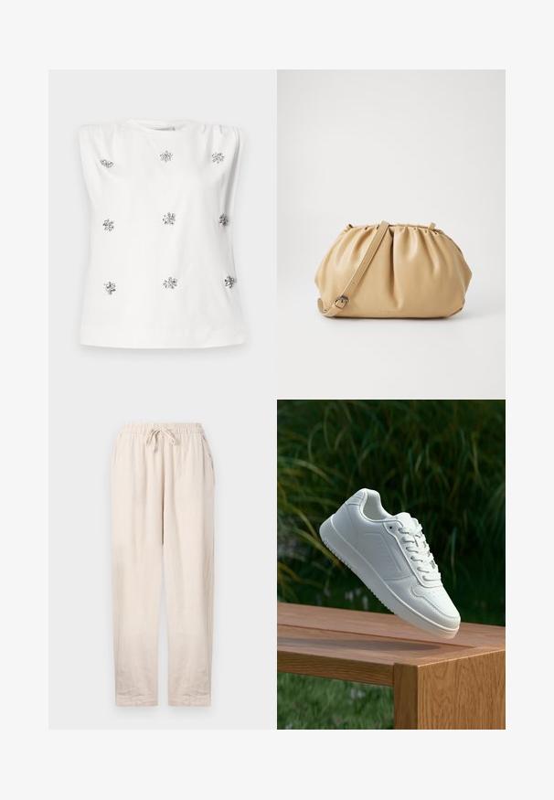 Fehér ujjatlan felső, kerek nyakkivágással, ezüst díszítésekkel, amelyek virágokra hasonlítanak, egyenletesen elosztva az anyagon. Simább textúra.; Beige ленин nadrág, gumis derékkal és húzózsinórral. Két oldalzsebet tartalmaz, és laza szabása van egyenes lábakkal.; Fehér sportcipő sima szintetikus felsőrésszel, perforált lábujjrész, lapos fűzőkkel és texturált talppal, fából készült felületen kihelyezve.; Barna bőr kézitáska ráncolt dizájnnal, állítható pánttal és kerekített formával. Minimalista márkázás az elülső felületen.