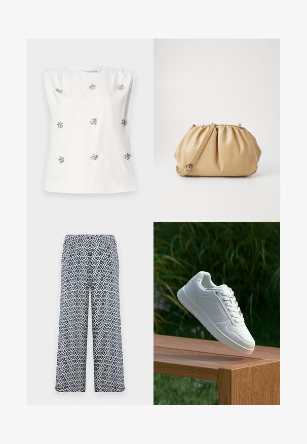 Haut sans manches blanc avec un col rond, doté de motifs en argent ressemblant à des fleurs disposées uniformément sur le tissu. Texture lisse.; Pantalons large en imprimé avec une taille élastique. Présente un motif géométrique bleu marine et blanc sur un tissu léger.; Sneakers blanches avec une tige synthétique lisse, un avant perforé, des lacets plats et une semelle texturée, présentées sur une surface en bois.; Sac à main en cuir tan avec un design plissé, une sangle ajustable et une forme arrondie. Branding minimaliste sur la surface avant.