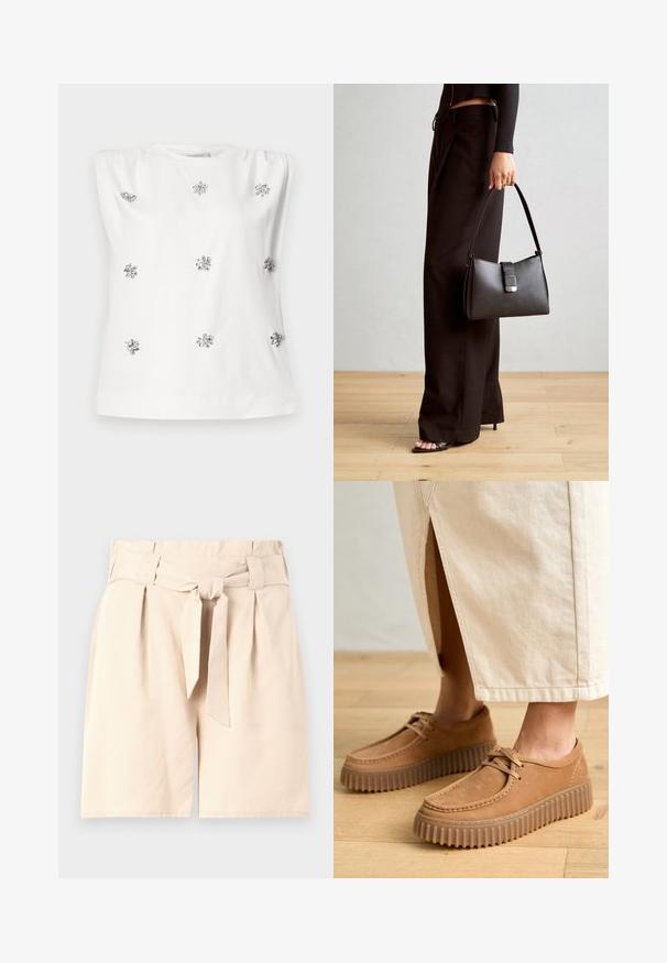 Top bianco senza maniche con scollo rotondo, decorato con dettagli argentati che assomigliano a fiori distribuiti uniformemente sul tessuto. Texture liscia.; Shorts beige a vita alta con cintura a fiocco frontale, design plissettato e texture di tessuto liscia. Forma pulita e sartoriale senza pattern visibili.; Scarpe in pelle color cuoio con superficie texture, punta rotonda e suole spesse e scanalate. I lacci e i dettagli della cucitura arricchiscono il design.; Borsa nera con forma strutturata, texture liscia e una chiusura metallica. Abbinata a pantaloni neri larghi e sandali open-toe su un pavimento in legno.