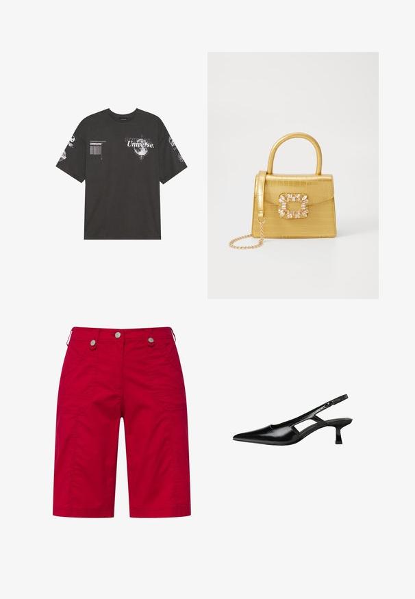 T-shirt nera in cotone con maniche corte, colletto rotondo, grafiche stampate che includono testo e motivi lunari sul davanti e sulle maniche.; Pantaloni cargo rossi in cotone con due tasche laterali, cuciture decorative e chiusure a bottone argentato in vita.; Tacchi slingback in pelle verniciata nera con punta affusolata, design con tagli laterali e tacco quadrato piccolo. Texture liscia con dettagli minimi.; Borsa finta coccodrillo gialla con design strutturato, manico superiore, tracolla a catena removibile e abbellimenti in cristallo decorativi sulla chiusura.