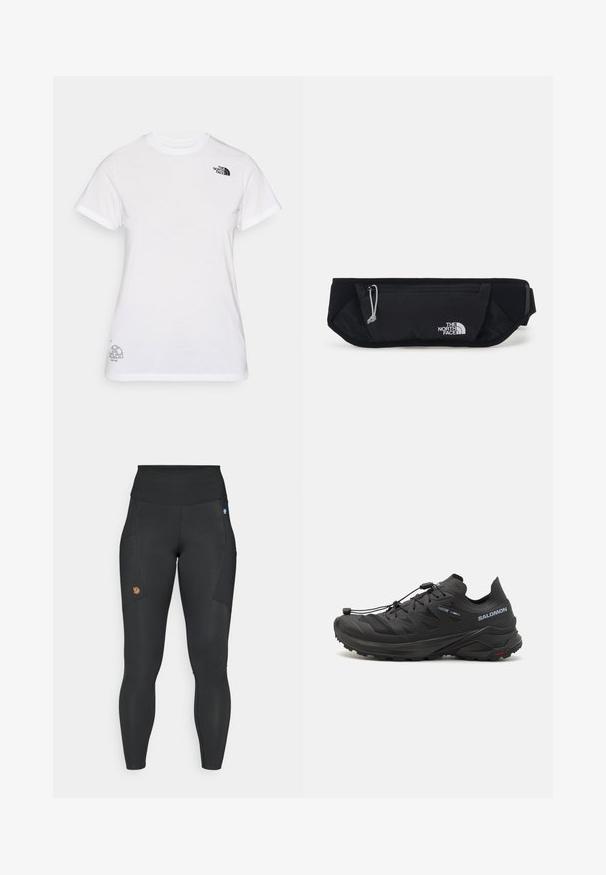 Hvid bomulds t-shirt med et sort logo på venstre bryst og et gråt grafisk design nederst til højre. Klassisk rund hals og korte ærmer.; Sorte leggings lavet af strækbart materiale med en høj talje, sidelommer og et lille brunt logo-patch på venstre lår.; Sorte trail løbesko med en tekstureret overdel, mesh-paneler og et sikkert lukkesystem. Har en robust ydersål for godt greb.; The North Face SUNRISER RUN BELT UNISEX - Bæltetasker - black/white