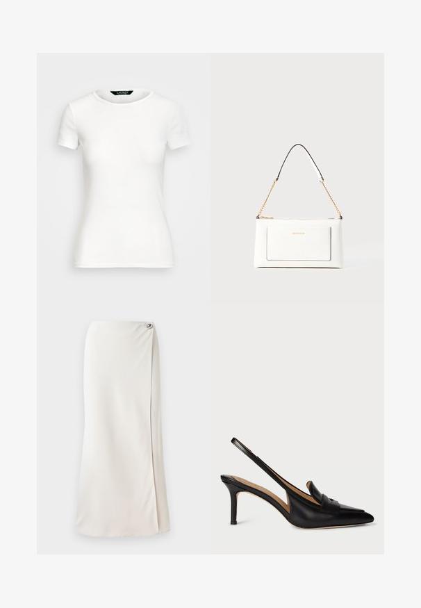 Hvit bomulls T-skjorte med kort erme, rund hals, tettsittende design og glatt tekstur. Logomerke ved halsen.; Lang hvit skjørt laget av glatt stoff, med en sidelåsing og en dekorativ sølvknapp ved midjen. Rene linjer og minimalistisk design.; Svart lær slingback-pumpe med spiss tå, lav hæl og dekorativ stropp over vristen. Glatt tekstur og minimalistisk design.; Hvit lærveske med teksturert overflate, utstyrt med gullkjede for å bære over skulderen og svarte detaljer. Inkluderer en frontlomme og glidelås.