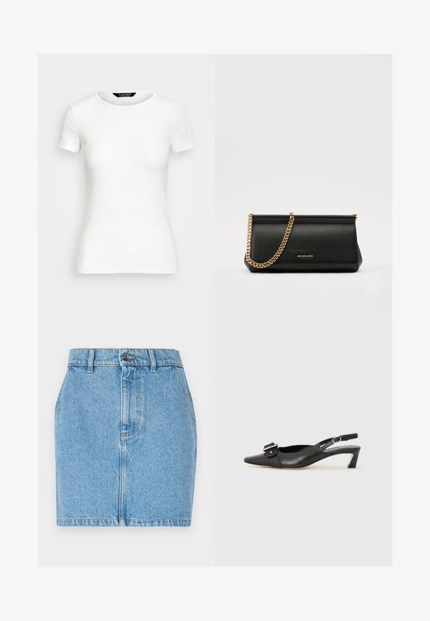 Bela bombažna majica s kratkimi rokavi, okroglim ovratnikom, prilegajočim krojem in gladko teksturo. Oznaka logotipa na ovratniku.; Denimska krila v svetlo modri barvi, ki se ponaša z prilegajočo se zasnovo, petimi žepi in kontrastnim šivanjem. Material ima teksturiran zaključek.; Črne usnjene slingback čevlje z ostrim nosom, majhnim petam in dekorativno sponko na zgornjem delu. Gladka tekstura, minimalistična zasnova.; Črna usnjena torbica z zlatim verižnim trakom, z gladko teksturo, pravokotno obliko in embosiranim logotipom spredaj.