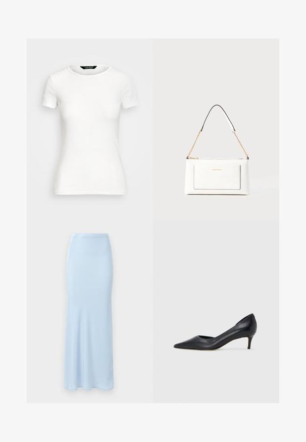 T-shirt branco de algodão com mangas curtas, gola redonda, design ajustado e textura suave. Etiqueta do logotipo na gola.; Saia de cetim azul claro, até ao chão, com uma cintura ajustada e um ligeiro alargamento na parte inferior, sobre um fundo branco.; Sapato de salto alto preto em pele com bico fino e salto baixo. Apresenta uma textura suave e brilho subtil. Corte aberto na parte da frente para um detalhe adicional.; Bolsa de mão branca em couro com acabamento texturizado, featuring a corrente dourada e detalhes pretos. Inclui um bolso frontal e fecho com zipper.