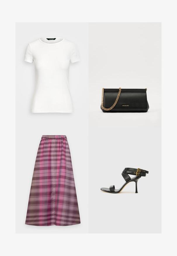 White cotton T-shirt with short sleeves, round neck, fitted design, and smooth texture. Logo tag at neckline.; Long plaid skirt featuring varying shades of pink, purple, and brown. Made from smooth fabric with an elastic waist for comfort.; Black heeled sandal with crossed straps and adjustable buckle. Features a smooth texture and tapered stiletto heel.; Black leather clutch bag with a gold chain strap, featuring a smooth texture, rectangular shape, and embossed branding on the front.