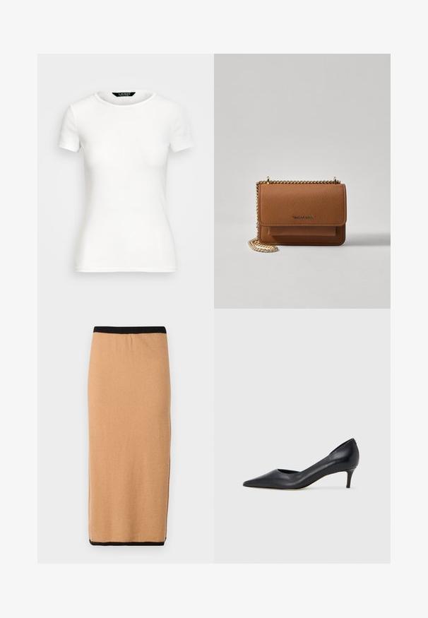 Bijela pamučna majica s kratkim rukavima, okruglim izrezom, tijesnim krojem i glatkom teksturom. Oznaka s logom na izrezu.; Pola do koljena, pletena suknja boje kamila s crnim elastičnim pojasom i glatkom teksturom. Jednostavan dizajn, bez vidljivih uzoraka ili ukrasa.; Crna kožna cipela s vrhom u špic i niskom petom. Ima glatku teksturu i suptilan sjaj. Prednji dio je otvoren za dodatni detalj.; Smeđa kožna torba preko tijela s teksturom, zlatnim lančićem i preklopom na zatvaranju. Na prednjoj strani nalazi se detalj s potpisom i džep ispod preklopa.