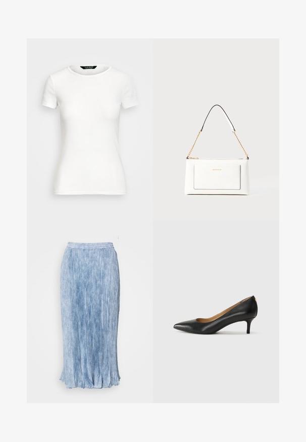 Fehér pamut póló rövid ujjakkal, kerek nyakkal, fazonra szabott kialakítással és sima textúrával. Logó címke a nyakkivágásnál.; Plisszírozott világoskék szoknya texturált felülettel és ráncolt szegéllyel. Kényelmes gumis derékpánttal rendelkezik, ami szabadon áramló sziluettet biztosít.; Fekete bőrpumpa hegyes orral, alacsony sarokkal és sima felülettel. Elöl enyhe nyílással rendelkezik, hátul pedig minimális részletezéssel.; Fehér bőr kézitáska, texturált felülettel, arany lánccal és fekete részletekkel. Elülső zsebbel és cipzáros zárással rendelkezik.