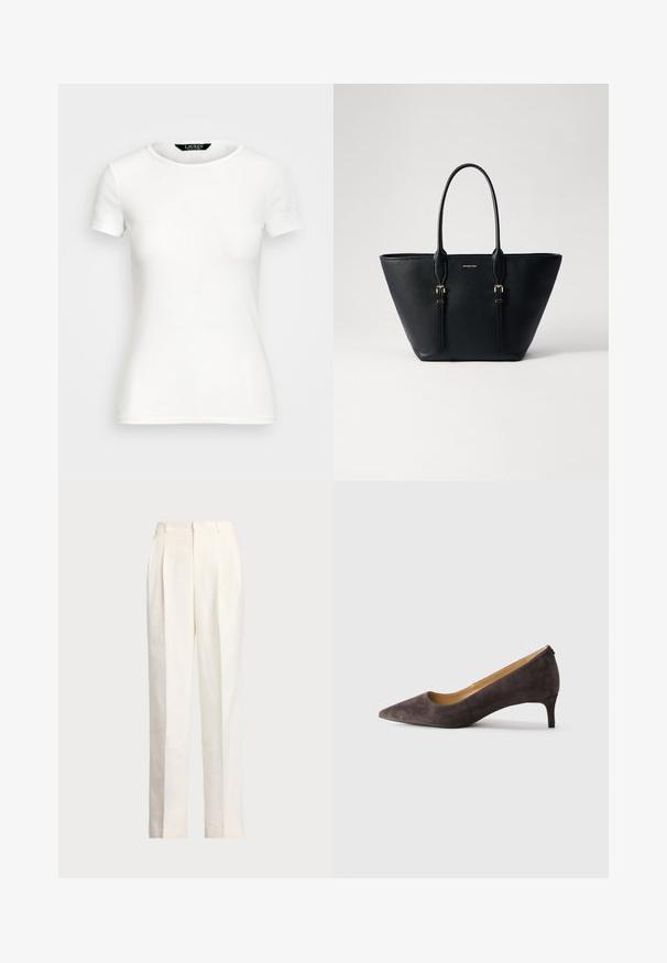 Valkoinen puuvilla T-paita, jossa on lyhyet hihat, pyöreä kaula-aukko, vartaloa myötäilevä malli ja sileä rakenne. Logotagi kaula-aukossa.; Polo Ralph Lauren HEMP WIDE LEG PANT - Housut - nevis; Tummanruskea mokkanahasta valmistettu kapea kärki matalakorkoinen saapas, jossa on ohut korko ja sileä vaaleanruskea sisävuori, esitetty sivuprofiilista neutraalilla taustalla.; Mustan nahkatote bag, jossa on teksturoitu pinta, pitkä muoto, kaksoiskä handles ja kullansävyiset varusteet.
