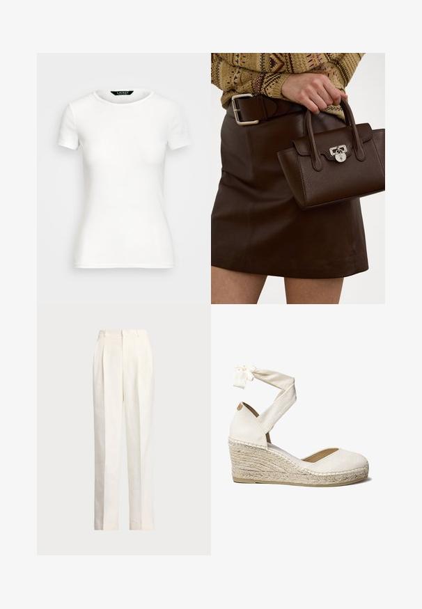 White cotton T-shirt with short sleeves, round neck, fitted design, and smooth texture. Logo tag at neckline.; Polo Ralph Lauren HEMP WIDE LEG PANT - Trousers - nevis; White canvas wedge shoe with ankle tie, jute-wrapped heel, round toe, and a textured fabric upper. Wedge measures approximately 7 cm.; Brown leather handbag with a textured finish and silver hardware, held with a hand beside a brown leather skirt and patterned sweater.