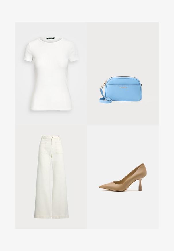 T-shirt alb din bumbac, cu mâneci scurte, guler rotund, design ajustat și textură netedă. Etichetă cu logo la guler.; Jeans cu picioare late din denim alb-crem. Design cu talie înaltă, cu închidere prin nasture, două buzunare frontale și detalii cu cusături contrastante.; Pantofi cu toc înalt din piele bej, cu vârf ascuțit și un design al tocului trapezoidal, având o textură netedă și accente minimaliste.; Geantă de umăr din piele albastru deschis, cu accente aurii, închidere cu fermoar și un buzunar frontal. Dispune de o curea ajustabilă pentru confort.