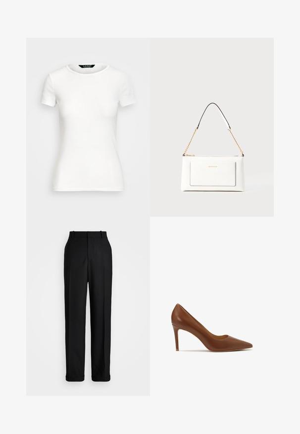 T-shirt en coton blanc avec des manches courtes, col rond, design ajusté et texture lisse. Étiquette de logo au niveau du col.; Polo Ralph Lauren HIGH RISE RELAXED STRAIGHT TROUSER - Pantalon classique - black; Escarpin en cuir marron à talon haut avec un nez pointu, présentant une texture lisse et une silhouette épurée, mesurant environ 3 pouces de haut.; Sac à main en cuir blanc avec un fini texturé, doté d'une bandoulière en chaîne dorée et d'accents noirs. Comprend une poche avant et une fermeture éclair.