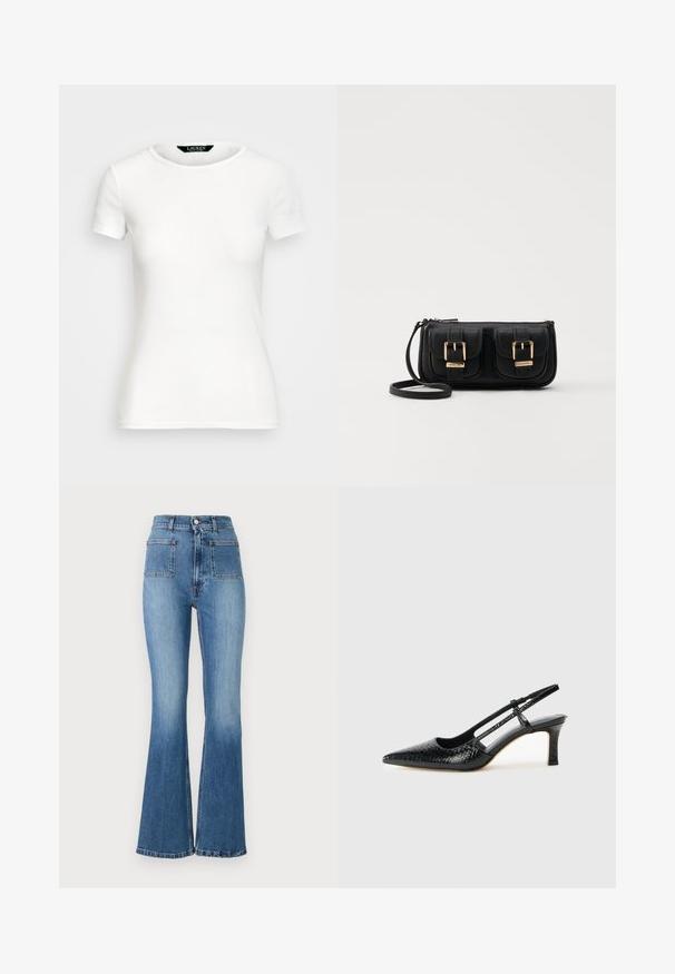 Bela bombažna majica s kratkimi rokavi, okroglim ovratnikom, prilegajočim krojem in gladko teksturo. Oznaka logotipa na ovratniku.; Modre flared jeans z visokim pasom, ki imajo dva zadnja žepa in bled toniran odtenek. Rob je zašit z diskretnim motivom.; Črne lakaste slingback pete s koničastim nosom, ki imajo teksturiran vzorec kačje kože, nastavljiv trak in kratek teksturiran blok peto.; Črna usnjena torbica čez ramo z dvema sprednjima žepoma, zlatimi zaponkami, zadrgo in ozkim pasom. Tekstura površine je strukturirana, obliko pa ima kompaktno pravokotno.