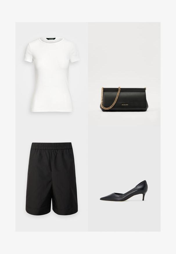 Witte katoenen T-shirt met korte mouwen, ronde hals, slim fit ontwerp en een gladde textuur. Logo-label bij de hals.; Zwarte shorts van lichtgewicht stof, met een elastische tailleband en een eenvoudige, rechte snit. Geen zichtbare zakken of patronen.; Zwarte leren pump met een puntige neus en lage hak. Heeft een gladde textuur en een subtiele glans. Open uitsparing aan de voorkant voor extra detail.; Zwarte leren clutch tas met een gouden kettinghengsel, voorzien van een gladde textuur, rechthoekige vorm en reliëfmerk op de voorkant.