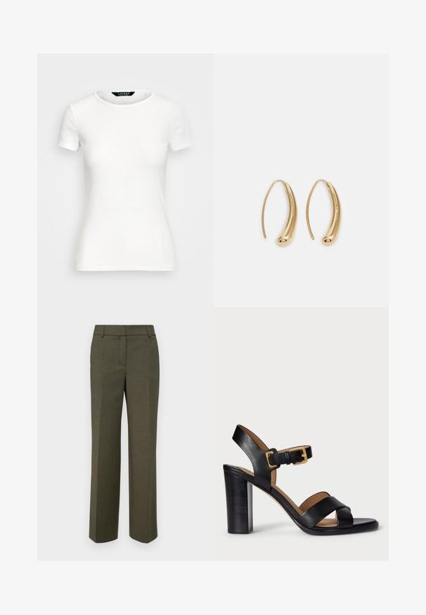 T-shirt alb din bumbac, cu mâneci scurte, guler rotund, design ajustat și textură netedă. Etichetă cu logo la guler.; Pantaloni eleganți de culoare verde măsliniu, realizați dintr-un material texturat. Prezintă un design cu picior drept, cu front plat și fără ornamente vizibile.; Sandale cu toc din piele neagră, cu un design cu curea încrucișată și închidere cu cataramă. Prezintă un toc gros și o textură netedă.; Cercei din metal auriu, cu un design curbat și alungit. Au o suprafață netedă și strălucitoare, cu un vârf rotunjit pentru un detaliu suplimentar.