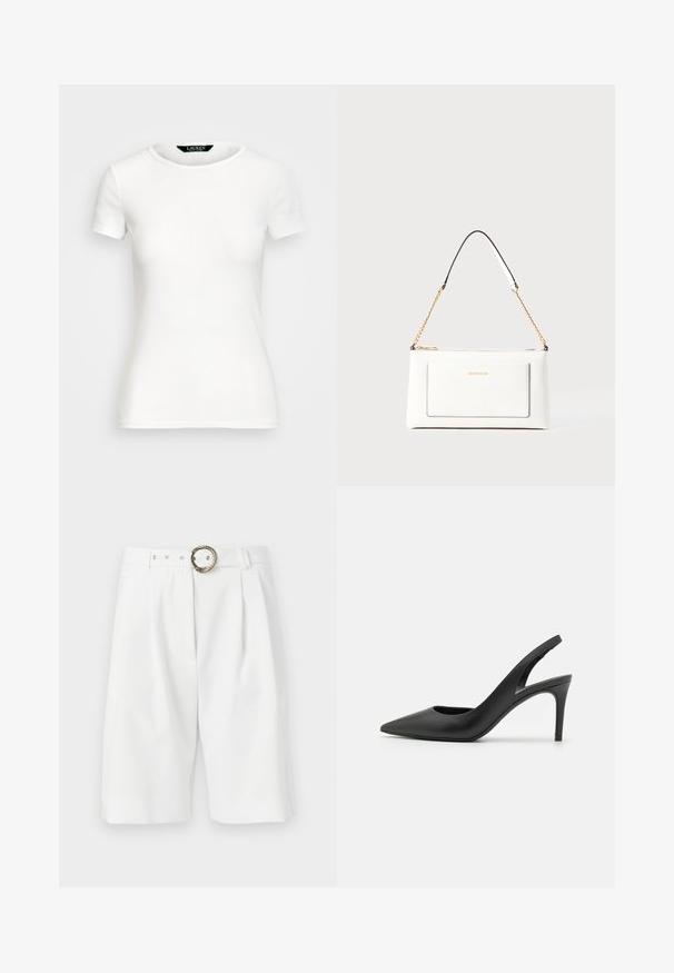 Valge puuvillane T-särk lühikeste varrukatega, ümar kaelus, sobiv disain ja sile tekstuur. Logo silt kaeluses.; Valged kohandatud lühikesed püksid laia lõikega, millel on köie mustriga metallist vööklamber, voldid ja puhas disain. Sile tekstuur.; Must musta sanga, millel on terav nina ja esiosas lõige, ning õhuke stiletto konts.; Valge nahast kott tekstureeritud viimistlusega, millel on kuldne kettling ja mustad aktsendid. Include eesmine tasku ja tõmblukk.