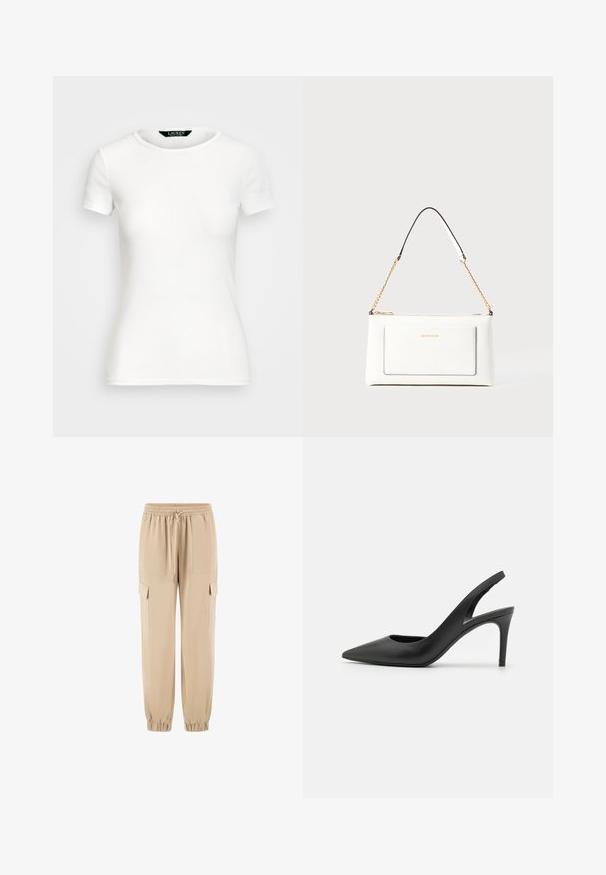 Baltos medvilnės marškinėliai trumpomis rankovėmis, apvaliu kaklu, prigludusio dizaino ir lygios tekstūros. Logo etiketė prie kaklo.; Šviesiai rudos cargo kelnės, pagamintos iš minkštos medžiagos, su elastinga juosmens juosta, raišteliu ir šoninėmis kišenėmis. Šlaunų siaurėjimo forma su elastinėmis kaklaitėmis.; Juodos odinės šlepetės su aukštu kulnu ir ilgu smailiu nosiu, turinčios išpjovą priekyje ir ploną stiletą.; Balta odinė rankinė su tekstūruotu paviršiumi, turinti auksinį grandinėlės dirželį ir juodas detales. Įskaičiuota priekinė kišenė ir užtrauktuko uždarymas.