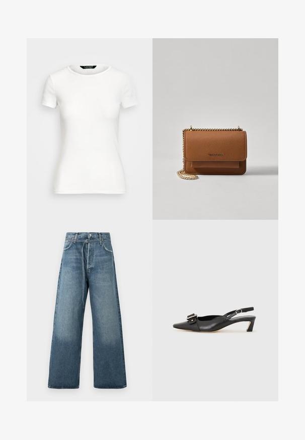T-shirt en coton blanc avec des manches courtes, col rond, design ajusté et texture lisse. Étiquette de logo au niveau du col.; Jeans évasés bleu en délavé, fabriqués en denim avec des accents de couture visibles et une fermeture à bouton à la taille.; Chaussure slingback en cuir noir avec un bout pointu, un petit talon et un détail de boucle décoratif sur le dessus. Texture lisse, design minimaliste.; Sac en cuir texturé marron en bandoulière avec une sangle en chaîne dorée et une fermeture à rabat. L'avant présente un détail de logo et une poche sous le rabat.