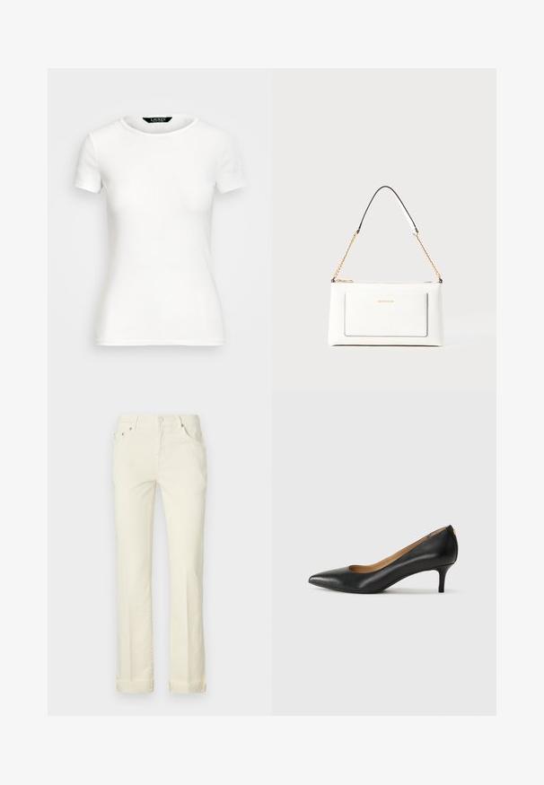 Baltos medvilnės marškinėliai trumpomis rankovėmis, apvaliu kaklu, prigludusio dizaino ir lygios tekstūros. Logo etiketė prie kaklo.; Šviesiai geltoni tiesūs džinsai, pagaminti iš medvilnės, su penkių kišenių dizainu, dirželių kilpomis ir apsuktais krašteliais.; Juodos odinės aukštakulnės bateliai su smailiu nosiu, žemu kulnu ir lygiu paviršiumi. Priekyje yra nedidelis atvirumas, o gale minimalus apdaila.; Balta odinė rankinė su tekstūruotu paviršiumi, turinti auksinį grandinėlės dirželį ir juodas detales. Įskaičiuota priekinė kišenė ir užtrauktuko uždarymas.