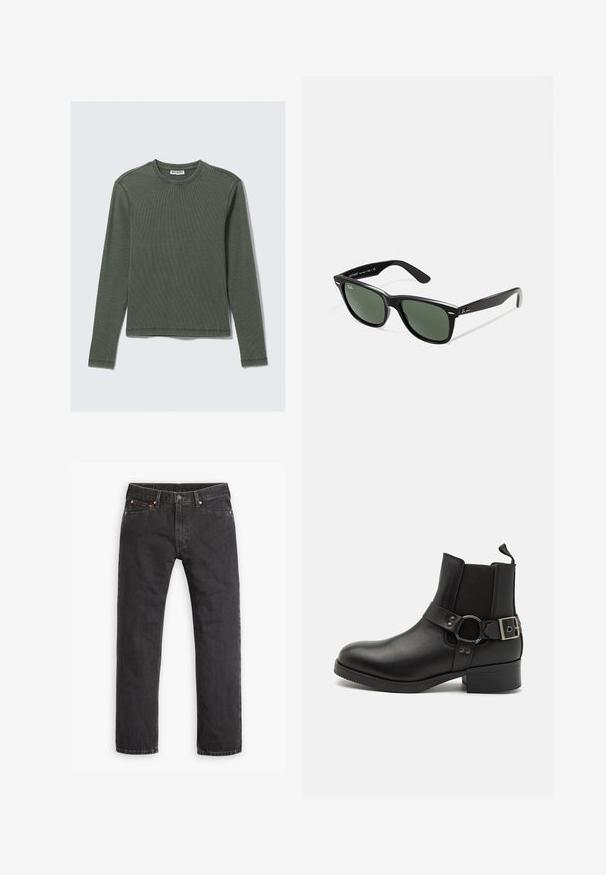 Dlhý rukáv, rebrovaný top v tmavozelenej farbe, s okrúhlym výstrihom a rovnou lemom. Vyrobený z mäkkej tkaniny, s minimálnymi švami a bez viditeľných vzorov.; Čierne džíny s rovnými nohavicami, s piatimi vreckami, zapínaním na gombík a medenými nitmi, položené na bielom pozadí.; Steve Madden ANTONN - Kovbojská/motorkárska členková čižma - black; Čierne plastové slnečné okuliare so zelenými šošovkami, štvorcové rámy, strieborný akcent na obočí a textúrované ramenné opierky. Brand uvedený na vnútornej strane ramien.