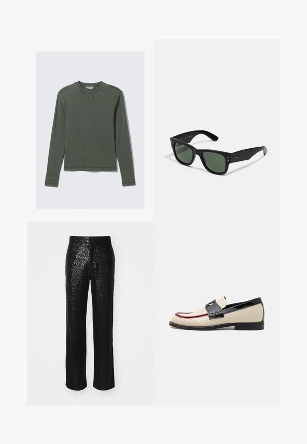 Lange mouwen, geribbelde top in donkergroen, met een ronde halslijn en rechte zoom. Gemaakt van zachte stof, met minimale naden en geen zichtbare patronen.; Zwarte pailletten wijde broek met een gladde textuur en een rechte snit, met een subtiele glans, geschikt voor formele gelegenheden.; Beige loafers met een reliëfpatroon, rode accentstreep en glanzende zwarte hak. Heeft een band met gespdetail. Platte zwarte zool.; Zwarte rechthoekige zonnebril met groene lenzen, matte afwerking, subtiele hardwareaccenten en een gegraveerd logo op de slaap.